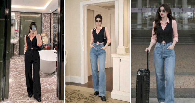 Gile đen kết hợp sơ mi pastel và quần jeans cá tính, sành điệu.